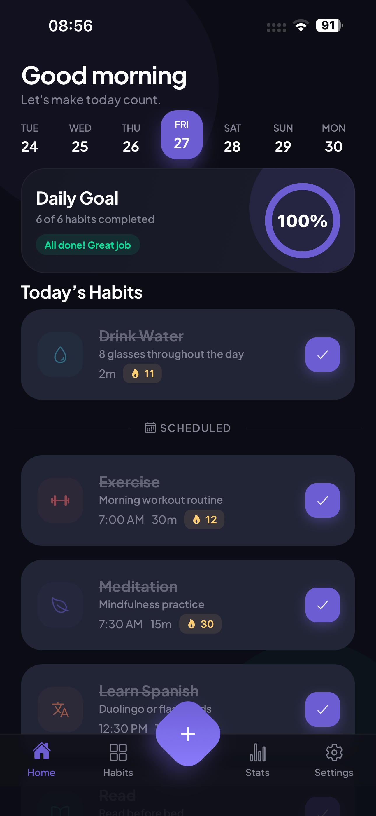 Steady app home screen